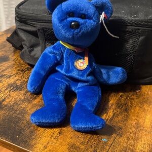 Ty Blue Beanie Baby Plush Bear with Ribbon